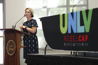 Alison Sloan, Ph.D., Professor-in-Residence in the College of Sciences, speaks during a Rebel Climate Action Plan seminar at UNLV Friday, Sept. 13, 2024.