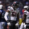 Houston Texans defensive end Will Anderson Jr. (51) celebrates on the field during an NFL football game against the Indianapolis Colts, Sunday, Sept. 8, 2024, in Indianapolis. The Texans defeated the Colts 29-27.