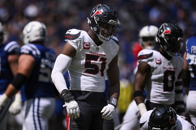 Houston Texans defensive end Will Anderson Jr. (51) celebrates on the field during an NFL football game against the Indianapolis Colts, Sunday, Sept. 8, 2024, in Indianapolis. The Texans defeated the Colts 29-27.