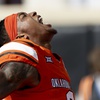 Oklahoma State running back Ollie Gordon II (0) celebrates before an NCAA college football game against Arkansas Saturday, Sept. 7, 2024, in Stillwater, Okla.