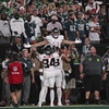 Atlanta Falcons wide receiver Drake London is lifted into the air by teammates after scoring a touchdown during the second half of an NFL football game against the Philadelphia Eagles, Monday, Sep. 16, 2024, in Philadelphia.