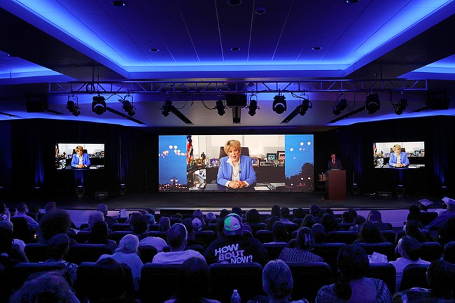 Las Vegas Mayor Carolyn Goodman congratulates graduates in a prerecorded video message during a WestCare Nevada graduation ceremony in the Tony Hsieh Theater at Zappos Tuesday, Sept. 17, 2024.