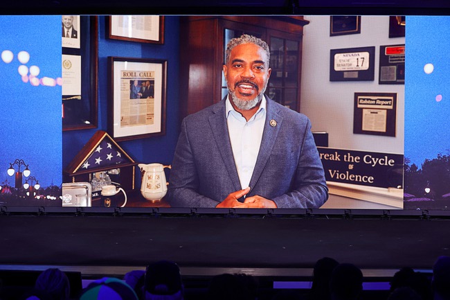 Congressman Steven Horsford, D-Nev., congratulates graduates in a prerecorded video message during a WestCare Nevada graduation ceremony in the Tony Hsieh Theater at Zappos Tuesday, Sept. 17, 2024.