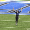 Detroit Lions quarterback Jared Goff (16) celebrates after a touchdown during an NFL football game against the Seattle Seahawks, Monday, Sept. 30, 2024, in Detroit.