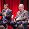 Sandip Bhagat, left, chief investment officer at Whittier Trust, Stephen Miller, center, a UNLV economics professor, and Andrew Woods, director of the UNLV Center for Business and Economic Research (CBER), participate in an economic forecast panel discussion during the CBER 2024 Outlook conference at the Fontainebleau Las Vegas Wednesday, Nov. 13, 2024.