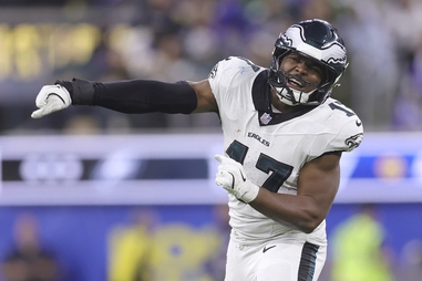 Philadelphia Eagles linebacker Nakobe Dean reacts after sacking Los Angeles Rams quarterback Matthew Stafford during the first half of an NFL football game in Inglewood, Calif., Sunday, Nov. 24,&nbsp;2024.