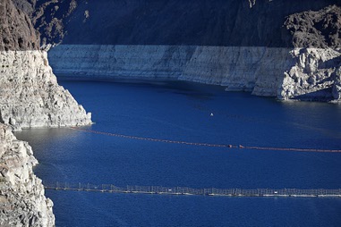 A bathtub ring of minerals is shown on the walls of Lake Mead as viewed from Hoover Dam Wednesday, Dec. 4,&nbsp;2024.
