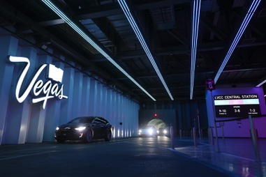 Teslas drive through the Vegas Loop central loop station at the Las Vegas Convention Center Monday, Dec. 9,&nbsp;2024.