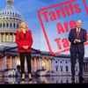 Kinsey Fabrizio, left, president of the Consumer Technology Association (CTA), and Gary Shapiro, CEO and vice chair of the CTA, speaks out against tariffs before a Panasonic keynote during CES 2025 at the Venetian Tuesday, Jan. 7, 2025. STEVE MARCUS