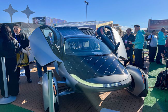 Aptera solar electric vehicle with solar panels on the roof and body panels at CES in Las Vegas, Nevada on Tuesday, January 7, 2025.