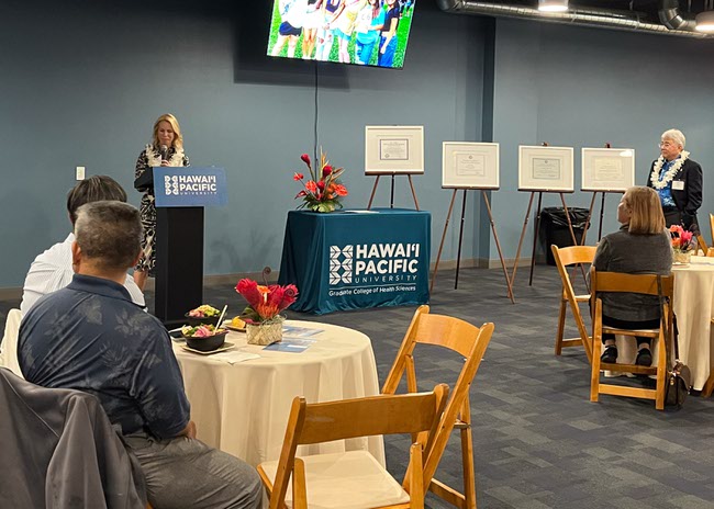 Tricia Catalino, dean of the Graduate College of Health Sciences at Hawai'i Pacific University, delivers opening remarks during the grand opening of Hawai'i Pacific University's new campus in Las Vegas, Nevada on Tuesday, February 18, 2025.
