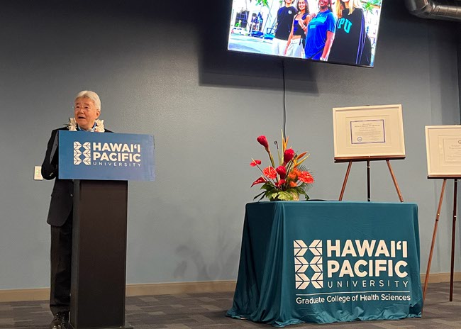 John Gotanda, president of Hawai'i Pacific University, delivers opening remarks during the grand opening of Hawai'i Pacific University's new campus in Las Vegas, Nevada on Tuesday, February 18, 2025.