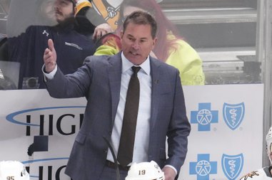 Vegas Golden Knights head coach Bruce Cassidy stands behind his bench during the third period against the Pittsburgh Penguins in Pittsburgh, Tuesday, March 11,&nbsp;2025. 


