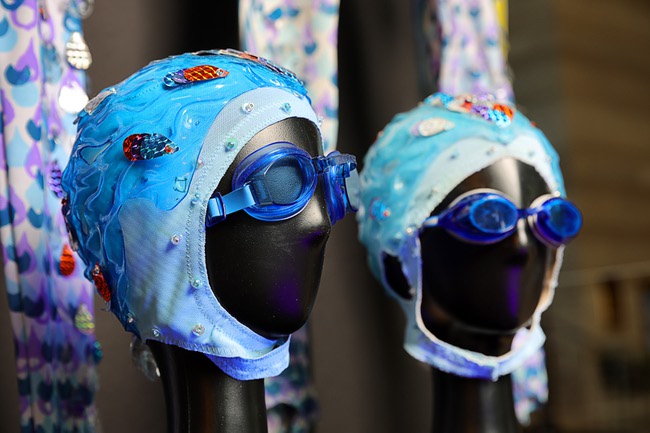 Blue Nage costumes from “O” are displayed at “Stories from Backstage: Cirque du Soleil in Las Vegas,” presented by the Neon Museum, in the lobby of Las Vegas City Hall Wednesday, April 9, 2025. The free exhibit runs through May1, 2025.