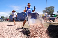 George Kypreos, president of Las Vegas Realtors, dumps a load of rock in the front yard of a house belonging to a low-income senior homeowner near downtown Henderson Friday, May 16, 2025. The event, in collaboration with Rebuilding Together Southern Nevada, was part of Realtor Volunteer Days being held nationwide May 10-18.