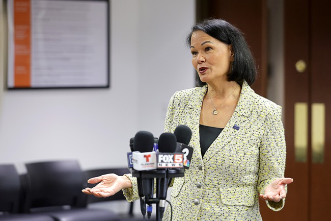 Jhone Ebert, superintendent of the Clark County School District, speaks during a news conference at CCSD headquarters Tuesday, Aug. 5, 2025. Ebert discussed the reopening of Lundy Elementary School on Mount Charleston. The school suffered extensive damage during Tropical Storm Hilary in 2023.