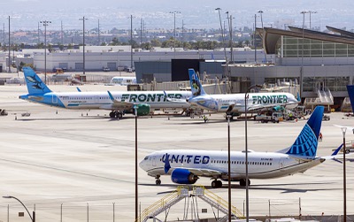A United Airlines passenger jet taxis to a gate after landing at Harry Reid International Airport Wednesday, Aug. 13, 2025.