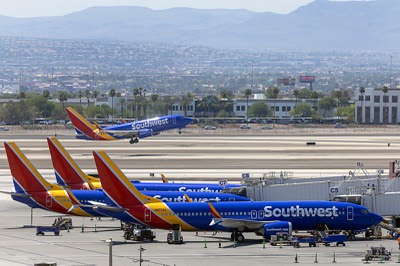 A Southwest Airlines passenger jet takes off from Harry Reid International Airport Wednesday, Aug. 13, 2025.