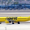 A Spirit Airlines passenger jet taxis to make a departure Harry Reid International Airport Wednesday, Aug. 13, 2025.
