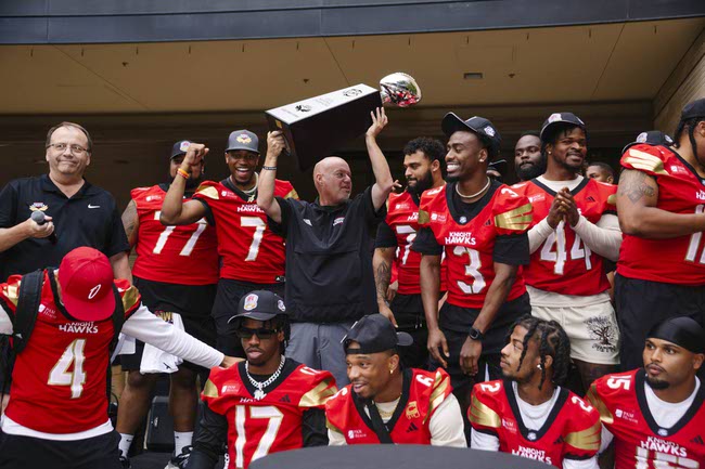 The Vegas Knight Hawks celebrate their IFL National Championship win at the M Resort in Henderson, Thursday, Aug. 28, 2025.