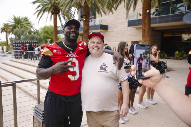 The Vegas Knight Hawks celebrate their IFL National Championship win at the M Resort in Henderson, Thursday, Aug. 28, 2025.