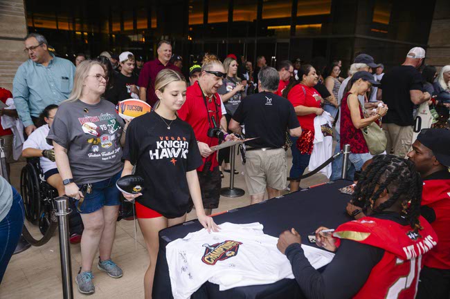 The Vegas Knight Hawks celebrate their IFL National Championship win at the M Resort in Henderson, Thursday, Aug. 28, 2025.