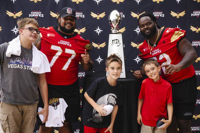 The Vegas Knight Hawks celebrate their IFL National Championship win at the M Resort in Henderson, Thursday, Aug. 28, 2025.
