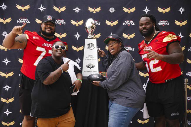 The Vegas Knight Hawks celebrate their IFL National Championship win at the M Resort in Henderson, Thursday, Aug. 28, 2025.