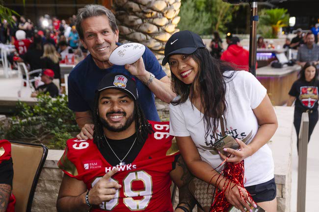 The Vegas Knight Hawks celebrate their IFL National Championship win at the M Resort in Henderson, Thursday, Aug. 28, 2025.