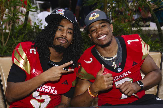 The Vegas Knight Hawks celebrate their IFL National Championship win at the M Resort in Henderson, Thursday, Aug. 28, 2025.