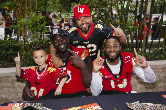 The Vegas Knight Hawks celebrate their IFL National Championship win at the M Resort in Henderson, Thursday, Aug. 28, 2025.
