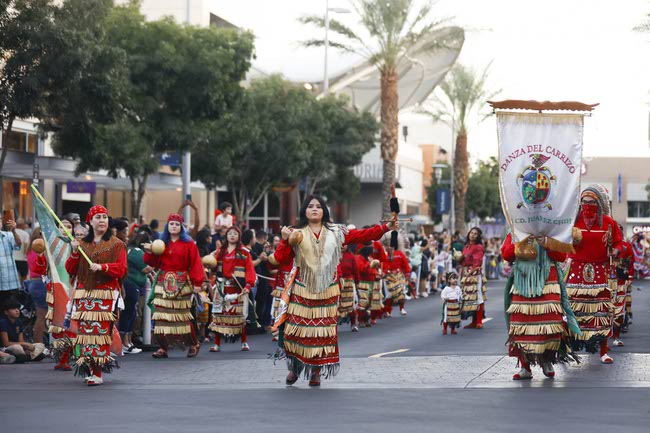 Members of Danza Del Carrizo representing northern Mexico perform during the Latin Heritage Parade at Downtown Summerlin, Tuesday, Sept. 16, 2025.