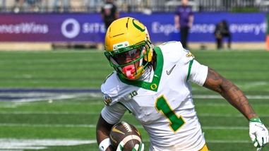 Oregon wide receiver Dakorien Moore (1) runs against Northwestern during the first half of an NCAA college football game on Saturday, Sept. 13, 2025 in Evanston,&nbsp;Ill. 