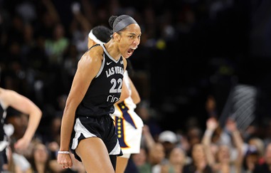 Las Vegas Aces center A’ja Wilson (22) celebrates after a basket against the Indiana Fever during the second half of Game 5 of a WNBA basketball playoff semifinals series at Michelob Ultra Arena in Mandalay Bay Tuesday, Sept. 30,&nbsp;2025.