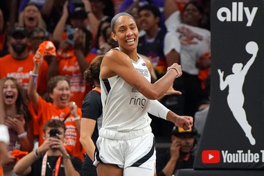 Las Vegas Aces center A’ja Wilson reacts after a play against the Phoenix Mercury during the second half of Game 3 of the WNBA basketball finals, Wednesday, Oct. 8, 2025, in&nbsp;Phoenix.