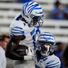 Memphis tight end Christian Ross, left, celebrates his touchdown against UAB during the second half of an NCAA college football game, Saturday, Oct. 18, 2025, in Birmingham, Ala.