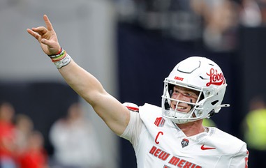 New Mexico quarterback Jack Layne (2) celebrates after a New Mexico touchdown against UNLV during the first half of an NCAA football game at Allegiant Stadium Saturday, Nov. 1,&nbsp;2025.
