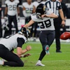Jacksonville Jaguars place kicker Cam Little (39) kicks a field goal during the second half of an NFL football game against the Las Vegas Raiders, Sunday, Nov. 2, 2025, in Las Vegas.