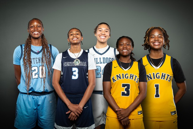 Las Vegas Sun Super 7 girls basketball team members, from left, Inieye Oruh, D'arrah Mitchell and Nation Williams from Centennial High School, and Bray'ana Miles and  Keonni Lewis from Democracy Prep High School, take a portrait during the Las Vegas Sun's High School Basketball Media Day, Oct. 9th, 2025.
