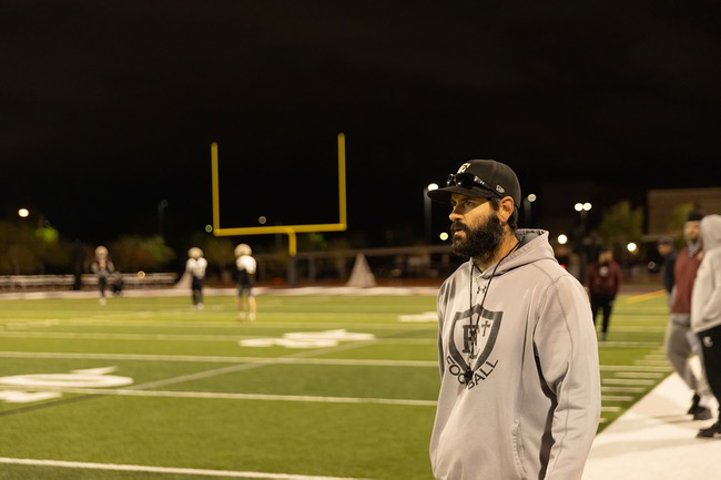 Faith Lutheran football coach Jay Staggs coaches his team in preparation for their appearance in the Class 5A state championship game at Allegiant Stadium against Spanish Spring of Reno, Thursday Nov. 20, 2025.