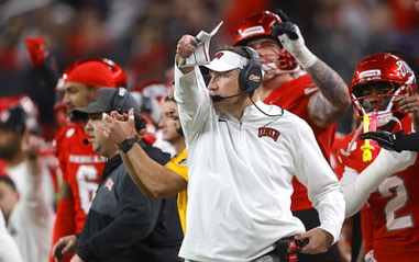 UNLV football head coach Dan Mullen reacts after the UNLV defense forces a turnover on downs during the second half of an NCAA football game against Hawaii at Allegiant Stadium Friday, Nov. 21,&nbsp;2025.