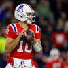 New England Patriots quarterback Drake Maye (10) drops back to make a pass during the second half of an NFL football game against the New York Giants, Monday, Dec. 1, 2025, in Foxborough, Mass.