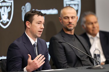 Las Vegas Raiders new head coach Klint Kubiak speaks during a news conference at Raiders Headquarters in Henderson Tuesday, Feb. 10, 2026. John Spytek, general Manager of the Las Vegas Raiders, listens at&nbsp;right.