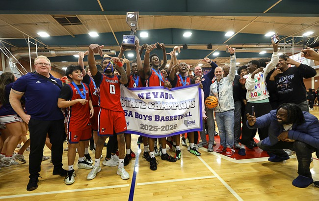 Coronado players, coaches and staff celebrate after beating Liberty in the boy’s 5A state championship basketball game at Valley High School Friday, Feb. 20, 2026. Coronado defeated Liberty 60-55.