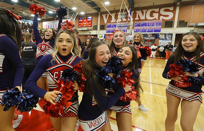 Coronado cheerleaders celebrate after Coronado beat Liberty in the boy’s 5A state championship basketball game at Valley High School Friday, Feb. 20, 2026. Coronado defeated Liberty 60-55.