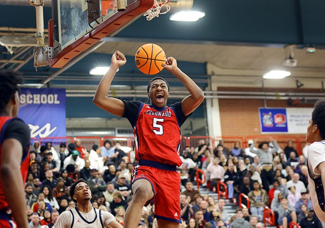 Coronado’s DeVaughn Dorrough (5) dunks against Liberty during the boy’s 5A state championship basketball game at Valley High School Friday, Feb. 20, 2026. Coronado defeated Liberty 60-55.