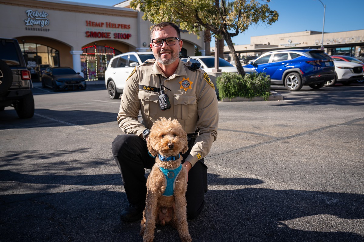 A traveler left her goldendoodle tied up at Harry Reid Airport. A Metro cop came to the rescue