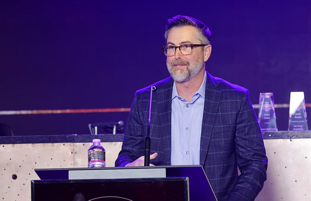 Raine Shortridge, senior vice president of Nevada State Bank’s Professional Banking Group, speaks during the C-Suite Honors event in the Zouk Nightclub at Resorts World Wednesday, Feb. 25, 2026. Nevada State Bank was a sponsor for the event. 