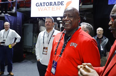 Erick Harper, UNLV athletic director, smiles after UNLV defeated Wyoming 73-71 in the 2026 Credit Union 1 Mountain West Championships tournament at the Thomas & Mack Center Wednesday, March 11,&nbsp;2026.
