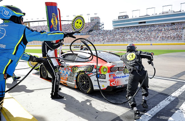 Shane van Gisbergen (97) makes a pit stop during a NASCAR Cup Series auto race at Las Vegas Motor Speedway Sunday, March 15, 2026, in Las Vegas.